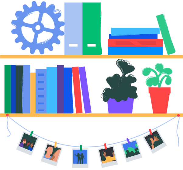 Illustration of an Opteo book shelf in the office.