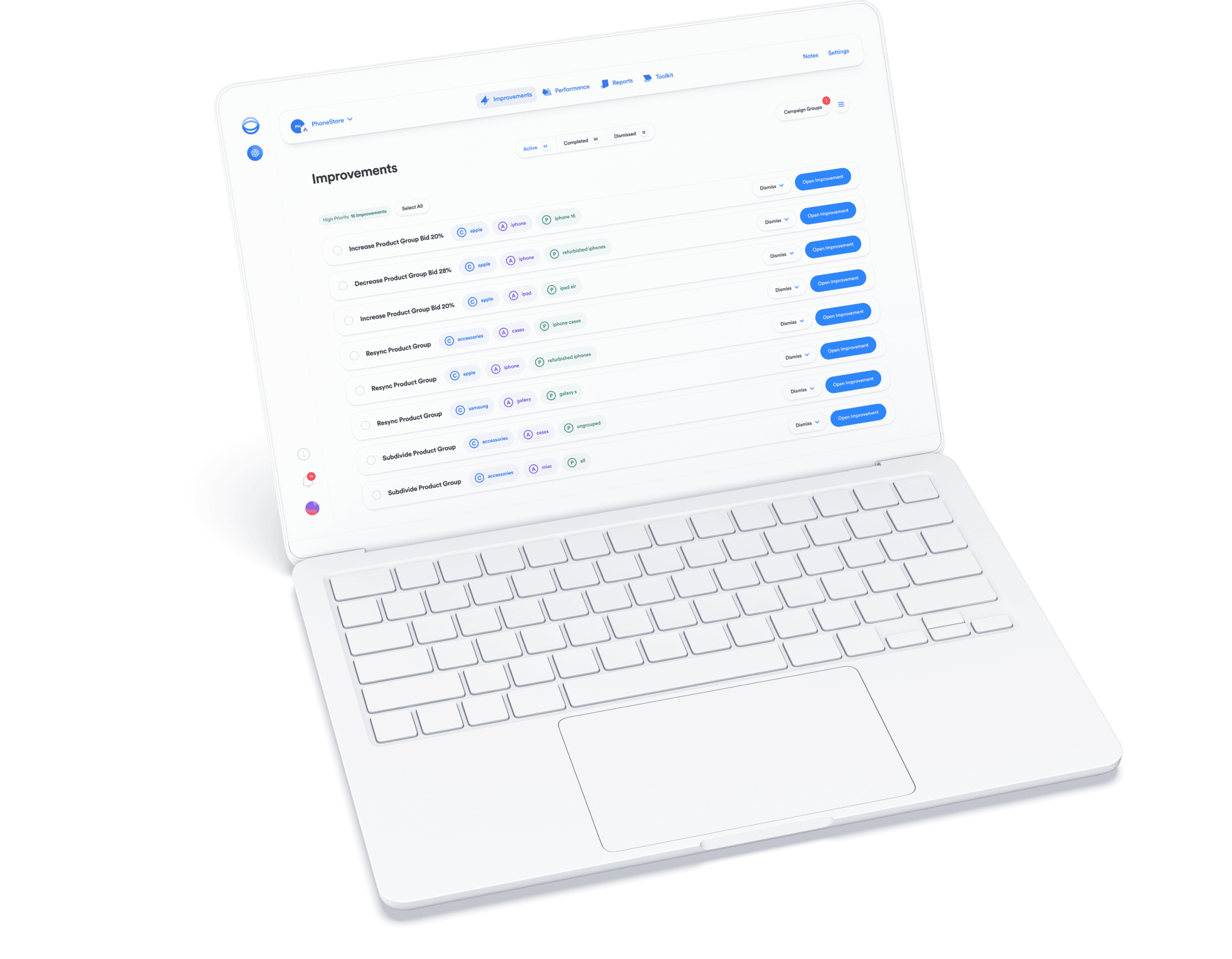 Opteo app screenshot with a list of shopping improvements protruding out the screen.