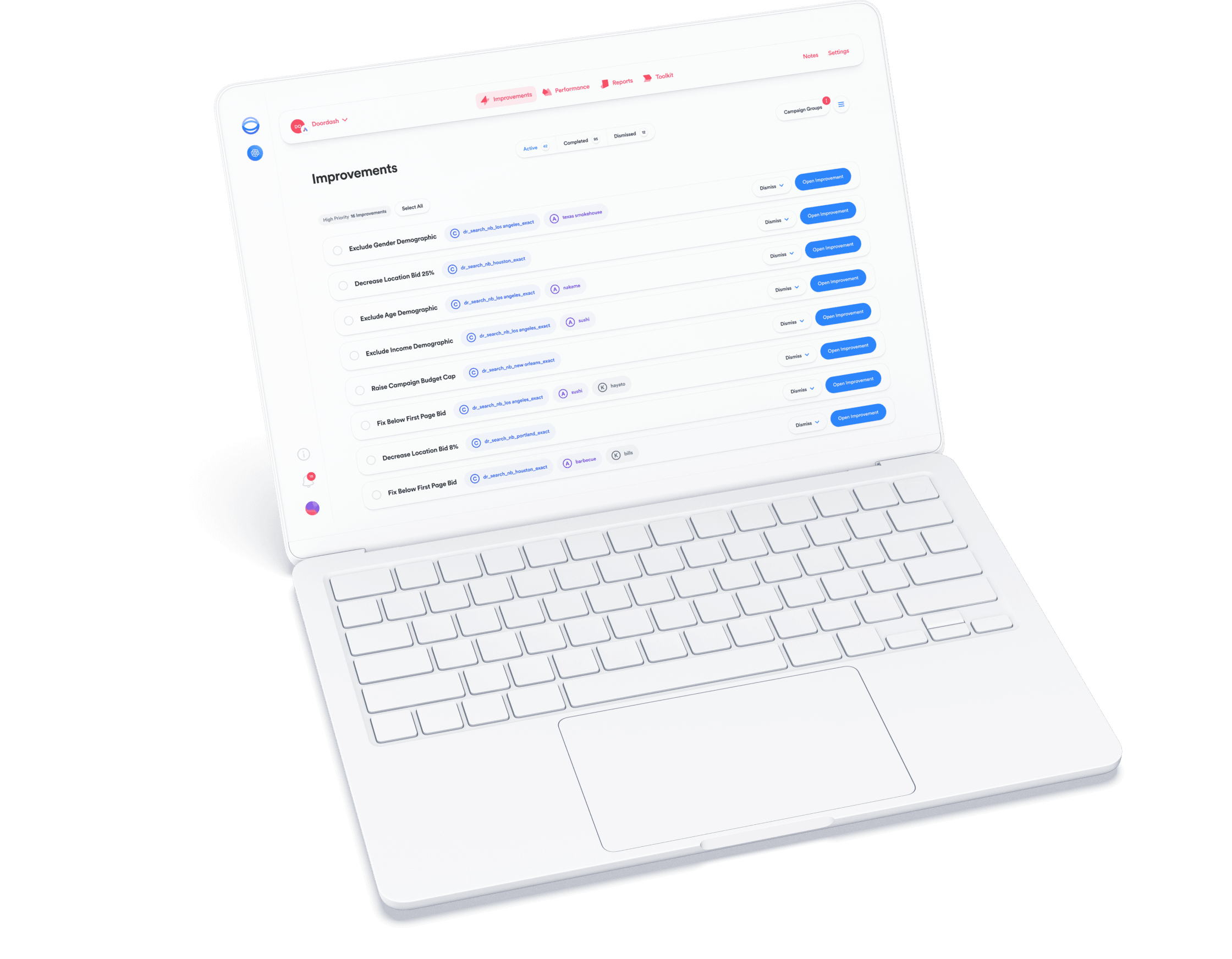 Opteo app screenshot with a list of improvements protruding out the screen.