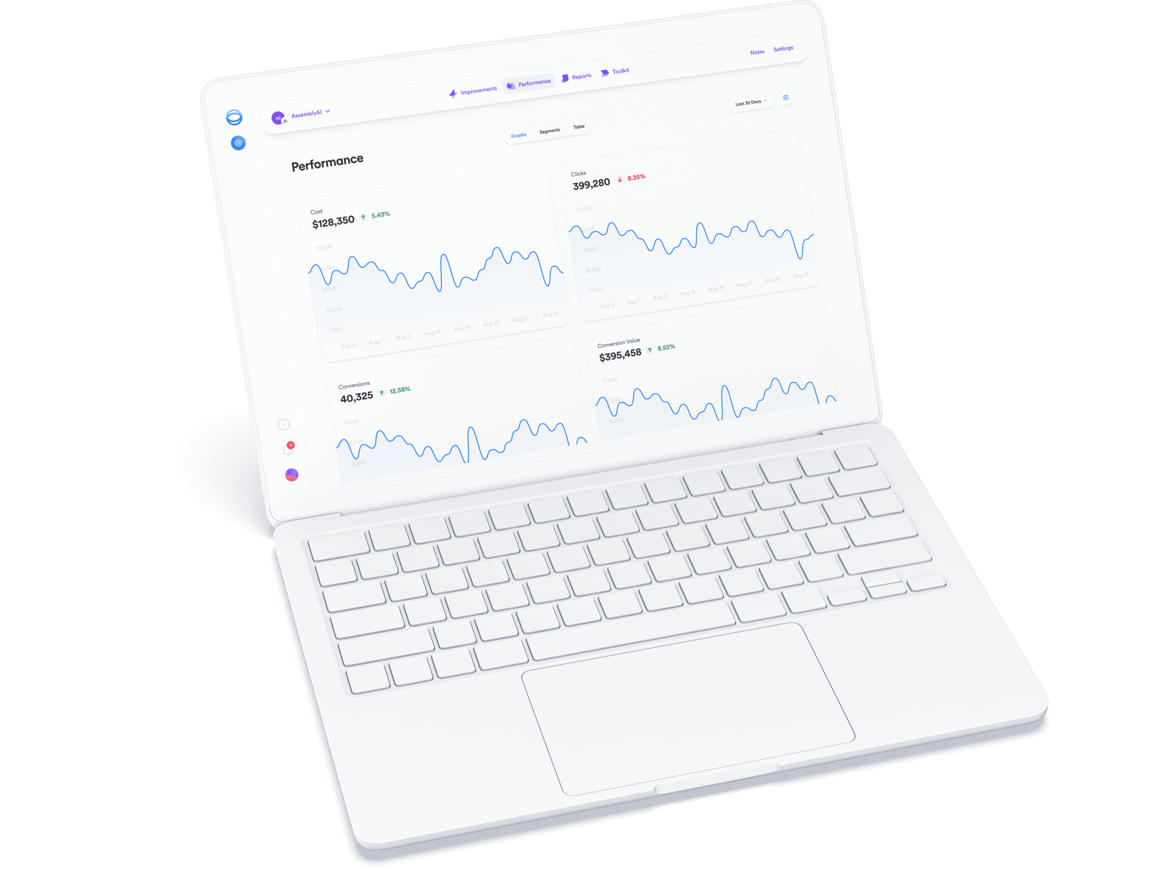 Opteo app screenshot with performance graphs protruding out the screen.